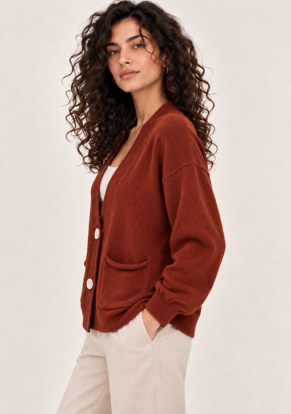 Cardigan 2 Bottoni con Tasche da donna in colore coccio, vista alternativa 2