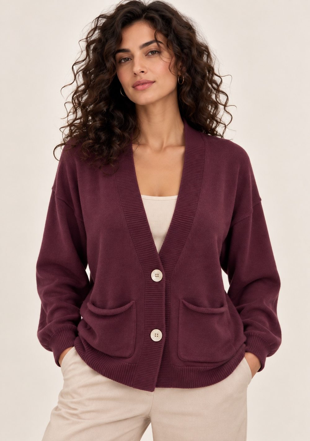 Cardigan 2 Bottoni con Tasche da donna in colore vino