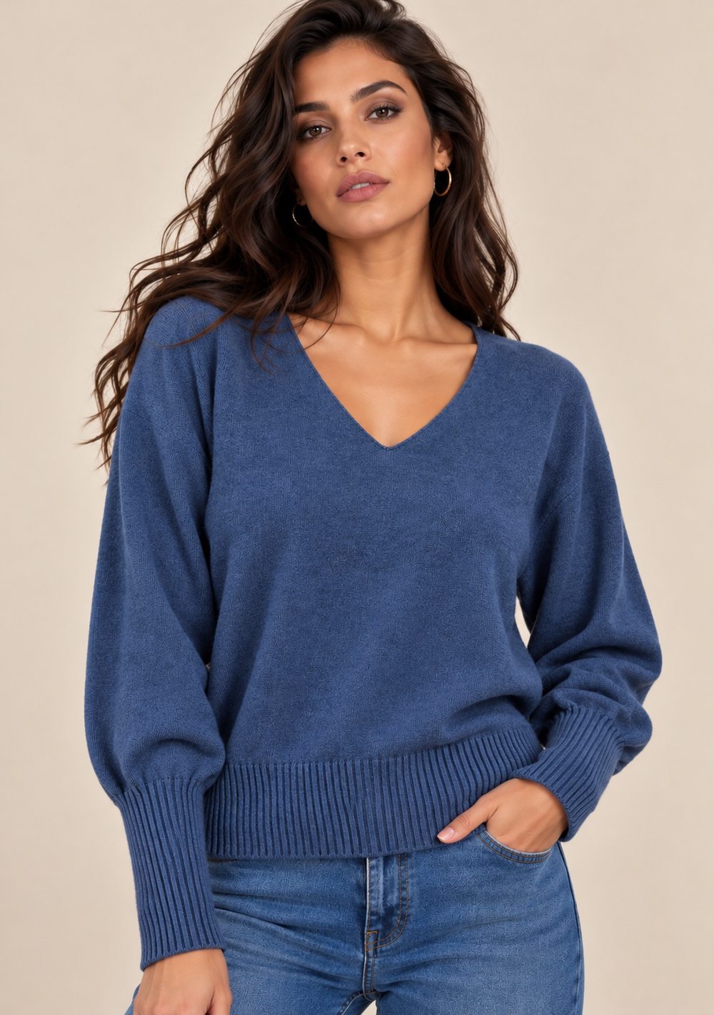 Maglia Scollo a V Maniche a Coste