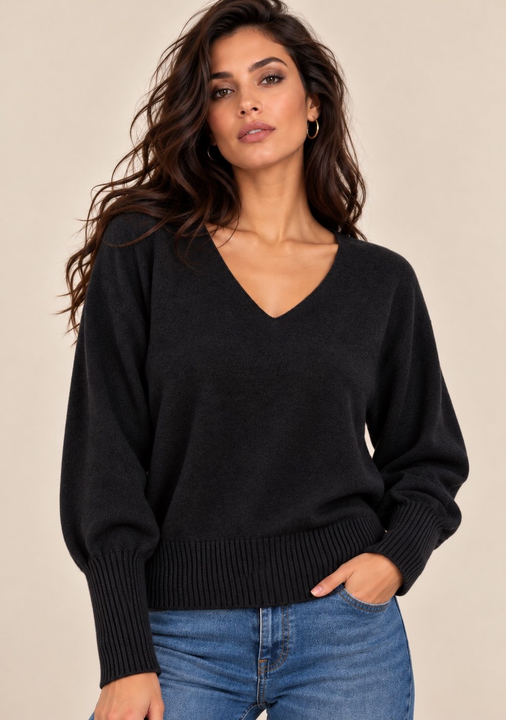 Maglia Scollo a V Maniche a Coste