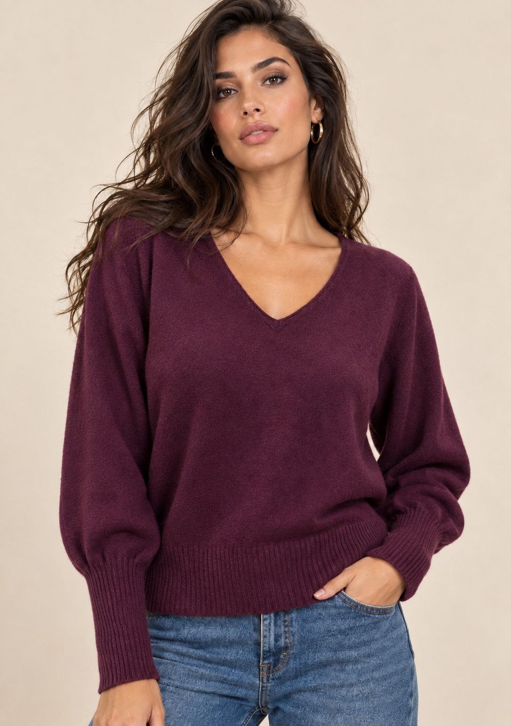 Maglia Scollo a V Maniche a Coste
