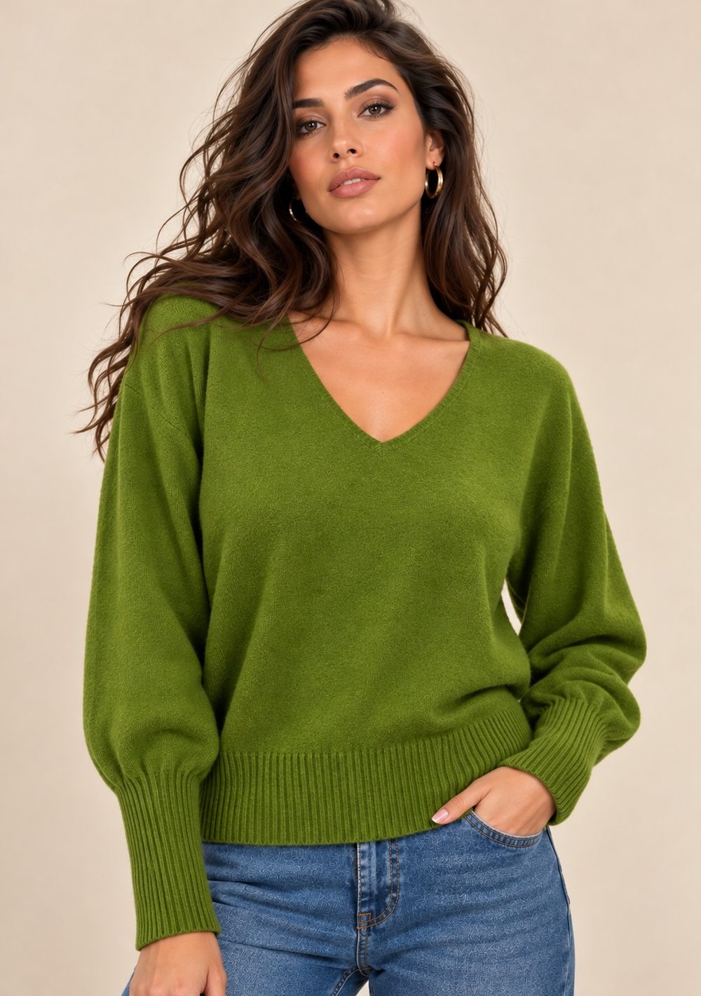 Maglia Scollo a V Maniche a Coste
