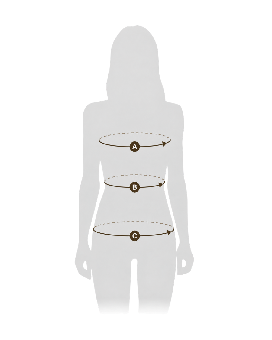 Come misurare il corpo: A circonferenza seno, B circonferenza vita, C circonferenza fianchi.
